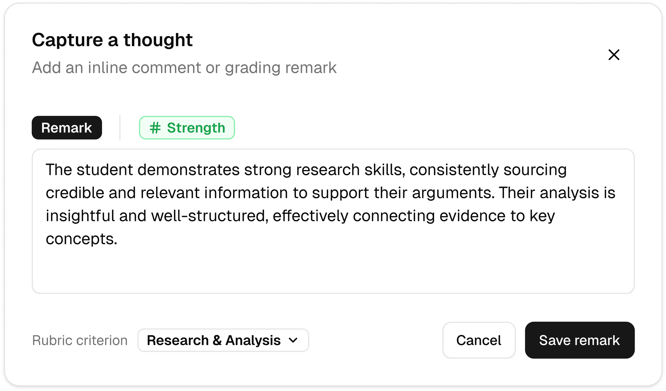 Shows the user interface dialog to capture comments and remarks