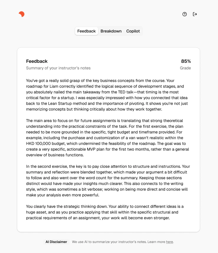 Feedback summary of instructor's notes displaying an 85% grade and detailed comments on business course concepts, assignment focus, and writing style improvements.